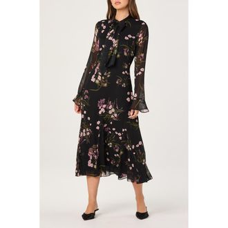 ASTR the Label Floral Tie Neck Long Sleeve Dress in Black Pink Floral at Nordstrom Rack, Size X-Large