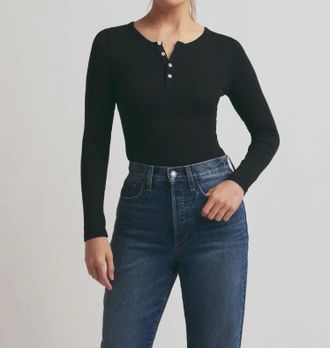 Favorite Daughter The Henley Ribbed Long Sleeve Tee In Black