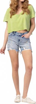 Judy Blue Mid Rise Rainbow Paint Splash Cutoff Destroyed Shorts In Blue