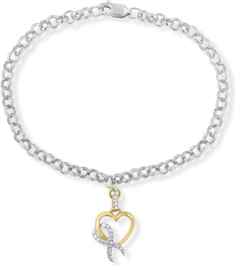 House of Brilliance 10K Yellow Gold 1/10 Cttw Diamond Awareness Ribbon & Heart Charm on 7.925 Sterling Silver Rolo Bracelet