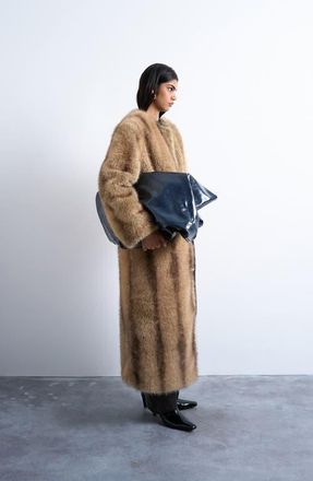Topshop Collarless Faux Fur Long Coat in Beige at Nordstrom, Size Medium