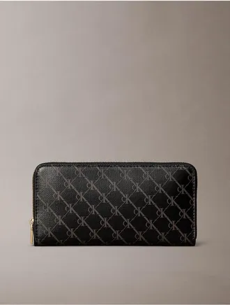 Calvin Klein Womens Coated Monogram Long Zip Wallet - Black
