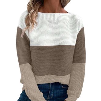 Generic Top Selling Items Winter Sweatshirt Women Autumn New Knitted Contrasting Panel Crewneck Long Sleeve Pullover Womens Sweater Christmas for Woman (Brown