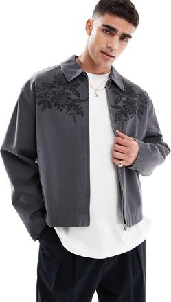 Asos Giacca harrington squadrata grigio slavato con ricamo sul petto