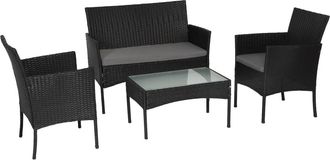 Happy Garden Conjunto de jardín 4 plazas resina trenzada negra cojines gris