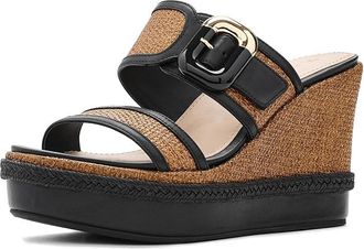 Johnston & Murphy Addison Buckle Strap Wedge Womens Sandals Cognac Raffia/Black Nappa Leather : 9.5 M