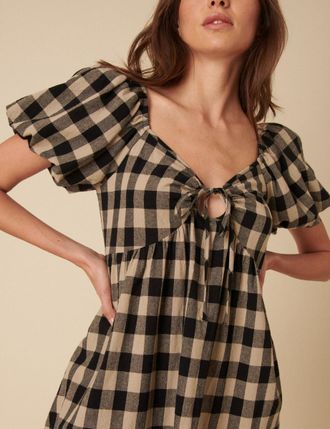 Nobody's Child Black And Beige Check Puff Sleeve Mini Dress