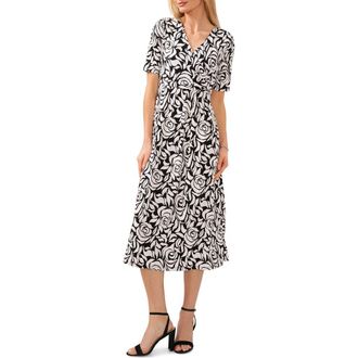 Chaus Print Faux Wrap Midi Dress in Black/white at Nordstrom, Size Small