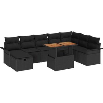 vidaXL Conjunto De Sof&aacute; De Jard&iacute;n Con Coj&iacute;n 9 Pcs Negro Polirat&aacute;n