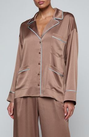 L'agence Mara Satin Button-Up Shirt in Mocha Tan/Cool Blue at Nordstrom, Size Xx-Large
