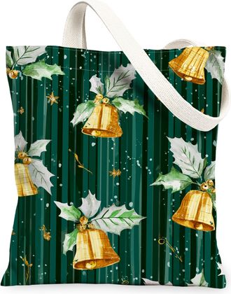 Generic Holiday Canvas Tote Bags, Elegant Bell Leaf Pattern Reusable Shopping Bags, Festive Seasonal Lightweight Washable Shoulder Strap Canvas for Grocery Tr