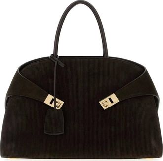 Ferragamo Tassen, Dames, Bruin, ONE Size, Leer, Hug Suede Corduroy Top-Handle Tas