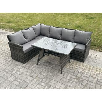 Fimous Wicker Rattan Garden Furniture Corner Sofa Set with Oblong Dining Table 6 Seater Outdoor Rattan Set Dark Grey Mixed - Fimous