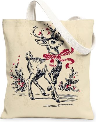 Generic Christmas Deer Canvas Tote Bags, Vintage Animal Floral Reusable Grocery Bags, Winter Rustic Lightweight Washable Shoulder S, Beige, 13x15 Inch