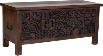 Wanderlust Deco Ba&uacute;l De Madera Tallado Artesanal Marr&oacute;n 100x40x46h Cm