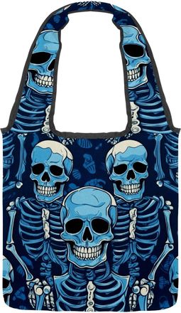 Generic Scary Skeleton Print Reversible Canvas Shoulder Tote - Double-Sided Print, 12oz Cotton, 27cm Drop, Fold-Flat Bag for Travel, Shopping, Street Outings