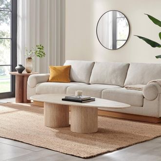 Furniturebox Sutton Beige Travertine Stone Veneer Oval Coffee Table