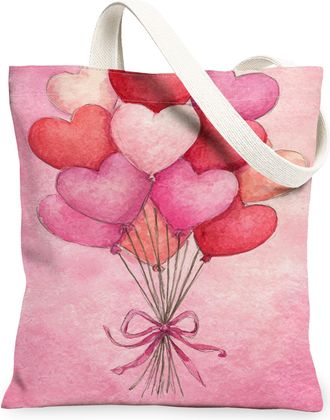 Generic Heart Balloon Canvas Tote Bags, Cute Love Theme Reusable Grocery Bags, Lightweight Washable Shoulder Strap Canvas for Shopp, Peach, 13x15 Inch