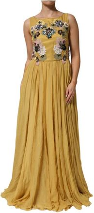 Dolce & Gabbana Gele Bloemen Geborduurde Maxi Jurk - Dames - Avondkleed - Geel - XL - Chiffon - Kleedjes
