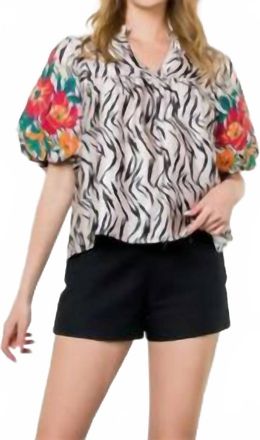 THML Clothing Embroidered Puff Sleeve Top In Black Zebra