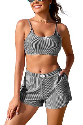SHEKINI Women Two Piece Bikini Set with Pockets High Wasited Swimwear Shorts Bow Ties Striped Bathing Suit Cute Swimsuit, Black, Medium