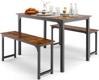 Costway Costway - Juego De Mesa De Comedor De 3 Piezas, Mesa De Comedor De 110 Cm Y 2 Bancos Para 2-4 Personas Con Marco De Metal Antioxidante, Muebles De Mes
