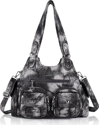 Angel Kiss Handbags for Women Hobo Bags for Large Tote Bag Soft PU Leather Multi-Pocket Shoulder Bag Top Handle Handbag, Black Grey