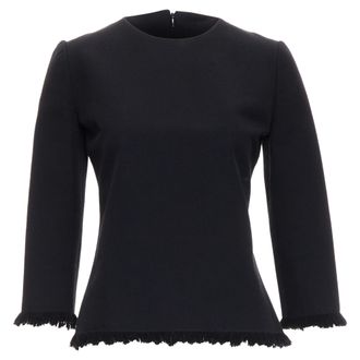 Tom Ford Virgin Wool Cotton Fringe Trim Crop Sleeved Fitted Top