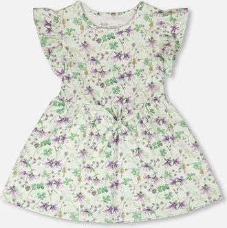 Deux par Deux Jersey Flutter Sleeves Printed Flowers Dress in Green Floral Print at Nordstrom, Size 24M