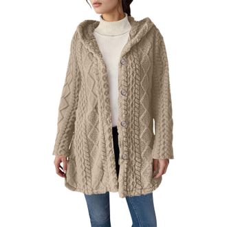 Generic Fleece Jacket Women Flannel Hooded Long Sleeve Cardigans Plain Jacquard Fluffy Jacket Ladies Fuzzy Teddy Bear Coat Button Down Autumn Winter Outerwear