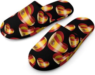 Generic Spain Flag Heart Flannel Mens Slip-on Slippers Winter Warm House Shoes with Rubber Sole for Home Hotel