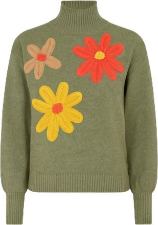 Yumi Green Knitted High Neck Jumper with Applique Flowers (UK, Alpha, M, Regular, Regular, Green)