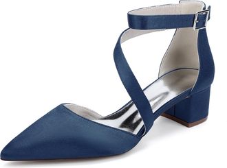 Generic Womes Wedding Bridal Pointed Toe Low Chunky Heels Satin Block Ankle Strap Pumps Party Dress Shoes 4.5 Cm,Dark Blue,10 UK