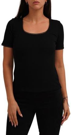 Cyrus Scallop Trim Short Sleeve Ribbed Top in Black at Nordstrom Rack, Size X-Large