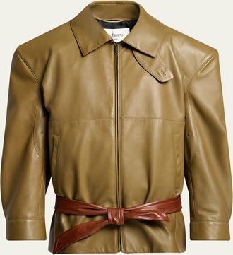 Saint Laurent Strong-Shoulder Belted Leather Jacket