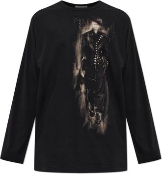 Yohji Yamamoto Tops, Heren, Zwart, M, Katoen, Katoenen Single Jersey Ronde Hals T-shirt met Lange Mouwen