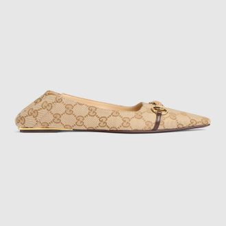 Gucci Womens Vittoria Ballerina, Beige, GG Canvas
