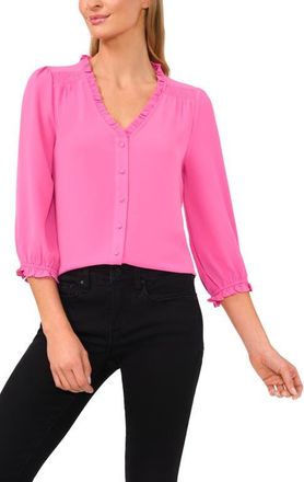 CeCe by Cynthia Steffe Ruffle V-Neck Blouse in Freeisa Pink at Nordstrom, Size X-Small