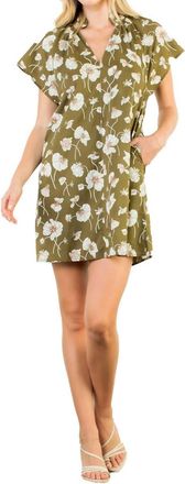 THML Clothing Short Sleeve Floral V-Neck Dress In Olive