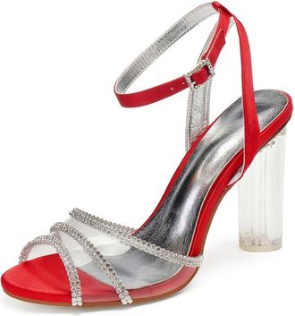 Generic Wedding Bridal Heels Womens Heels Ankle Strap Chunky Heel Dress Sandals Open Toe Bridal Satin Prom Party Dress Pumps 10.5Cm,Burgundy,6 UK