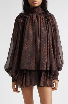 Siedres Serena Metallic Stripe Geo Print Chiffon Top in Brown Multi at Nordstrom, Size X-Small