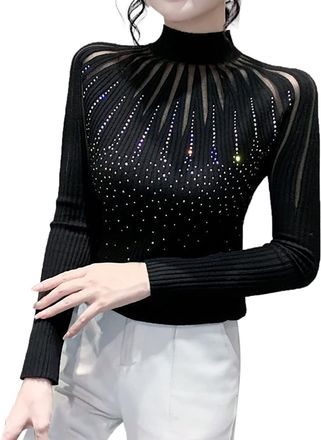 Generic Women Turtleneck Jumpers 2022 Spring and Autumn Knitted Lace Sweaters Pullover High Neck Slim Sweaters for Women,Ladies Sweaters Size 10 Black