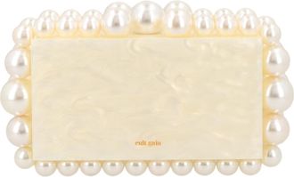 Cult Gaia Rectangular Clutch Handbag in Pearlescent Ivory with Pearl Accents