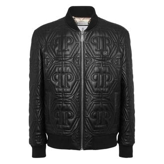 Philipp Plein Jassen, Heren, Zwart, XL, Leer, Embossed Leather Bomber Monogram
