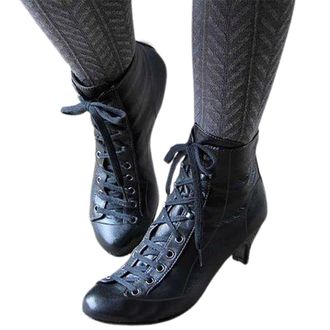 Generic 2026 Boots for Women Foreign Trade Women Boots Autumn and Winter Solid Color tie up Middle Heel Short Support Black