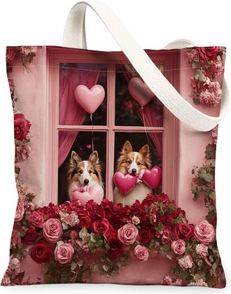 Generic Valentines Day St. Bernard Dog Canvas Tote Bag for Shopping 13x15, Window Couple Puppy Reusable Grocery Print Bag for Women, Pet Beach Aesthetic Paint