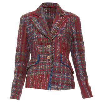 Christian Lacroix Bazar plaid tweed crest button blazer
