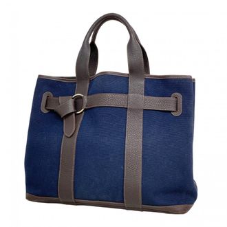 Herm&egrave;s Brown Navy Canvas Tote Bag (Pre-Owned)
