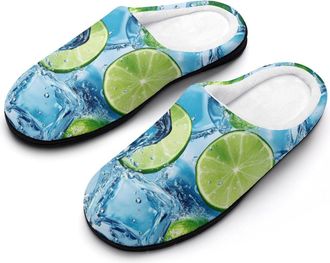 Generic (Ice-Cubes) And Lime Slices Mens House Slippers Memory Foam Washable Cotton Slip on Home Shoes