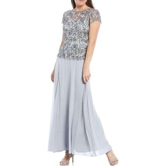 Pisarro Nights Beaded Mesh Column Gown In Ice Blue/gray